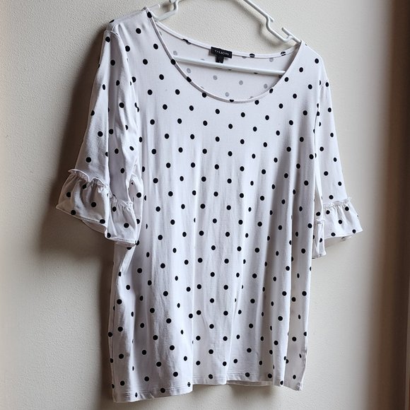 Talbots Black/White Scoop Neck Polka Dot Ruffled Jersey Size Large - Picture 4 of 14